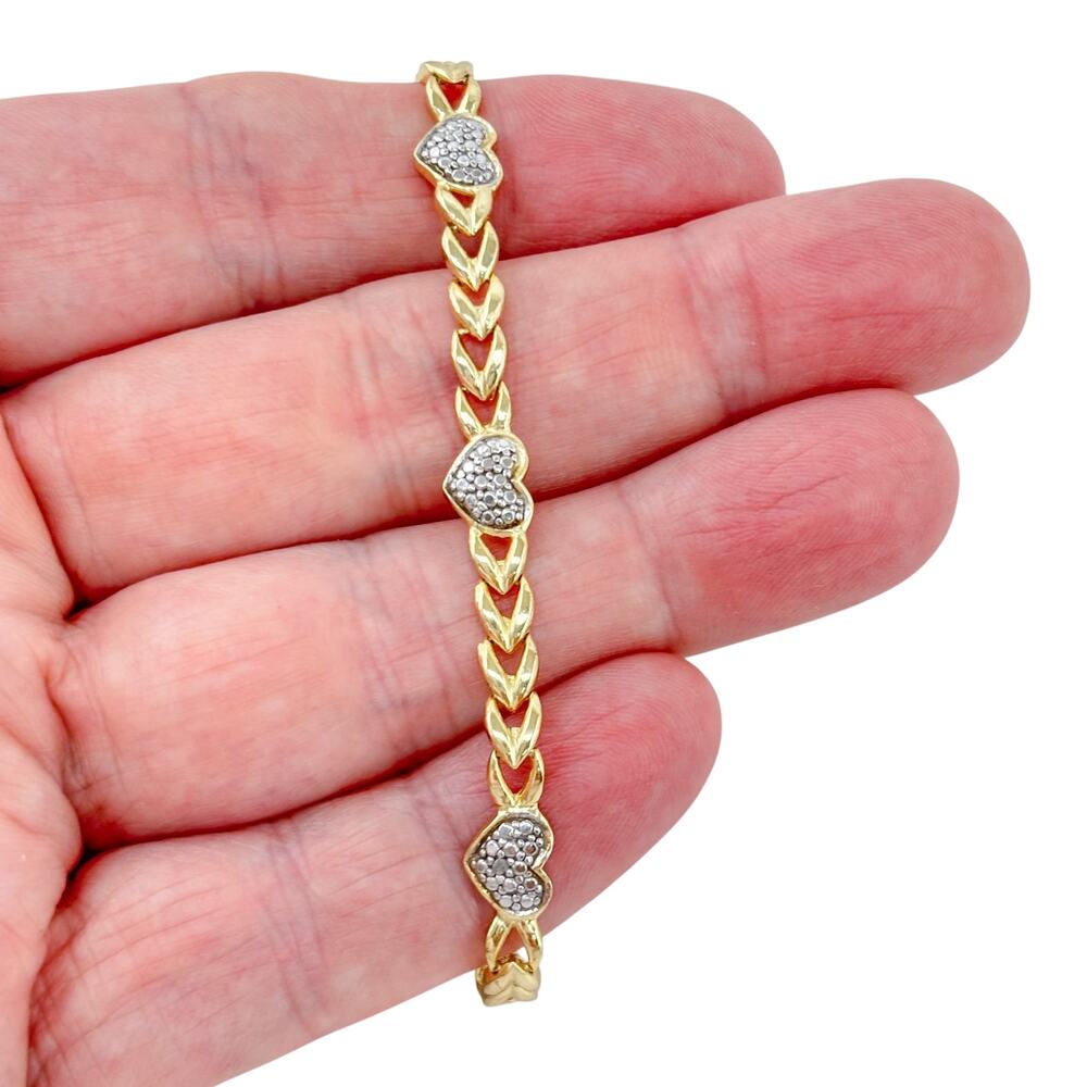 Vintage Gold-Tone Sterling Silver 925 Diamond Heart Link Bracelet 7.5"